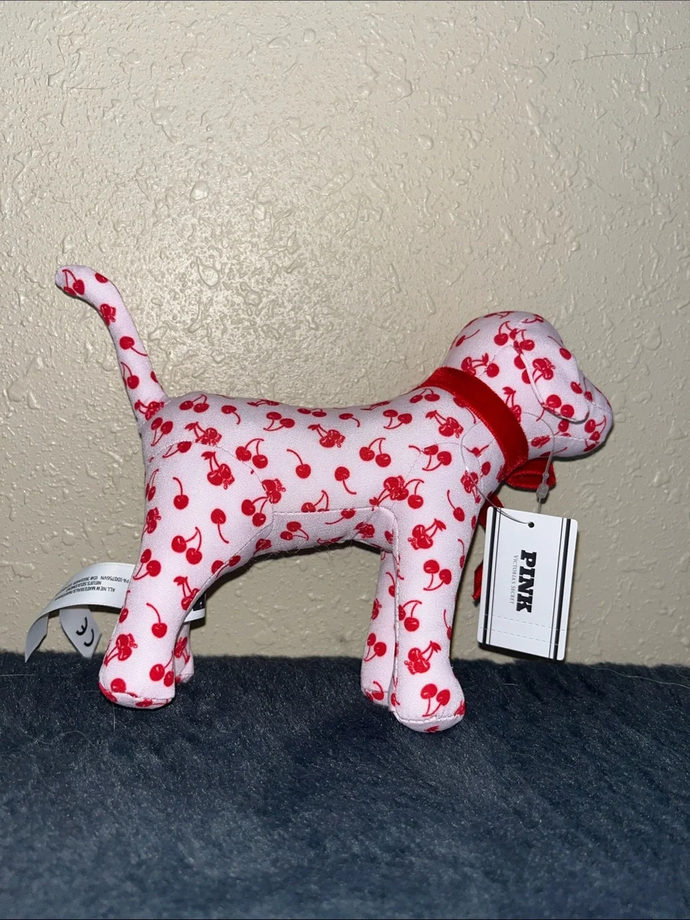 PINK Victoria's Secret Pink & Red Cherry-Print Plush Dog Figurine